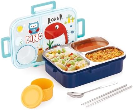 Kids Lunch Box with Inner Stainless Steel 3 Compartment 1 Small Container Air-Tight Leakproof BPA Free 750ml+80ml
