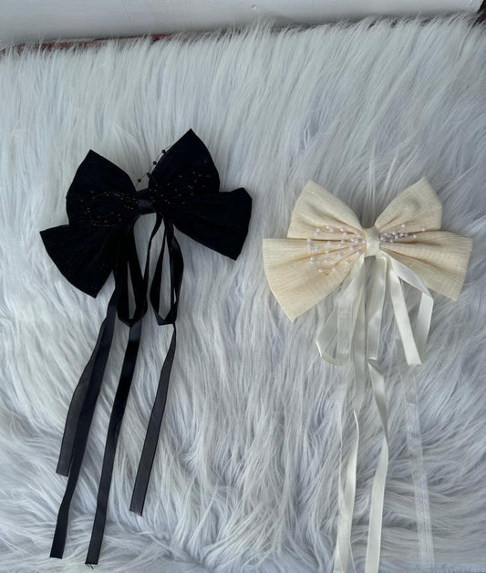 Beads String and Ribbon Charm Hair Bow(Back Clip)