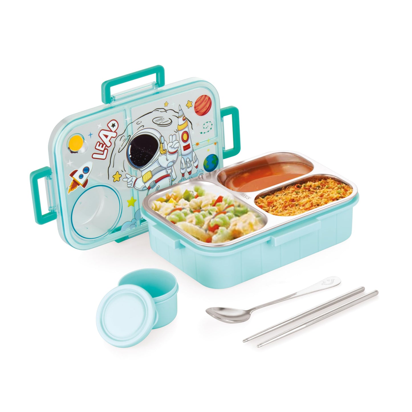 Kids Lunch Box with Inner Stainless Steel 3 Compartment 1 Small Container Air-Tight Leakproof BPA Free 750ml+80ml