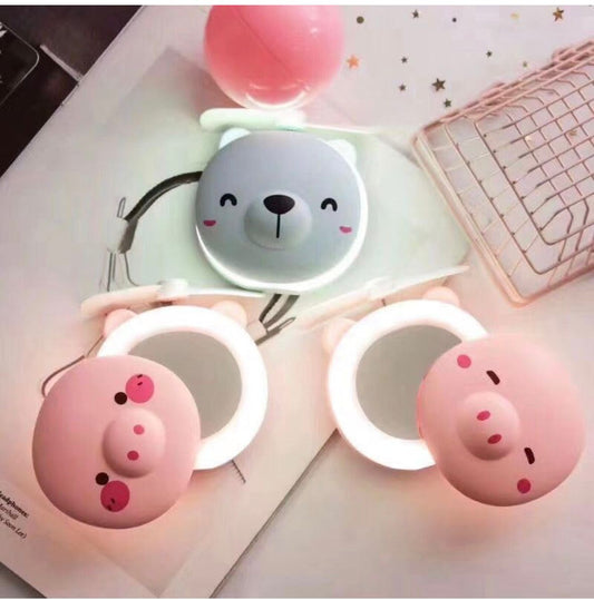 Mini Cartoon Makeup Mirror with LED Light and Fan