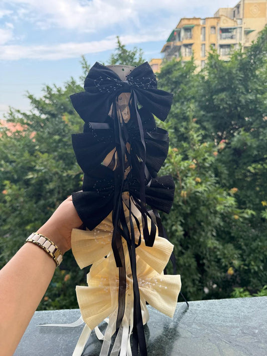 Beads String and Ribbon Charm Hair Bow(Back Clip)